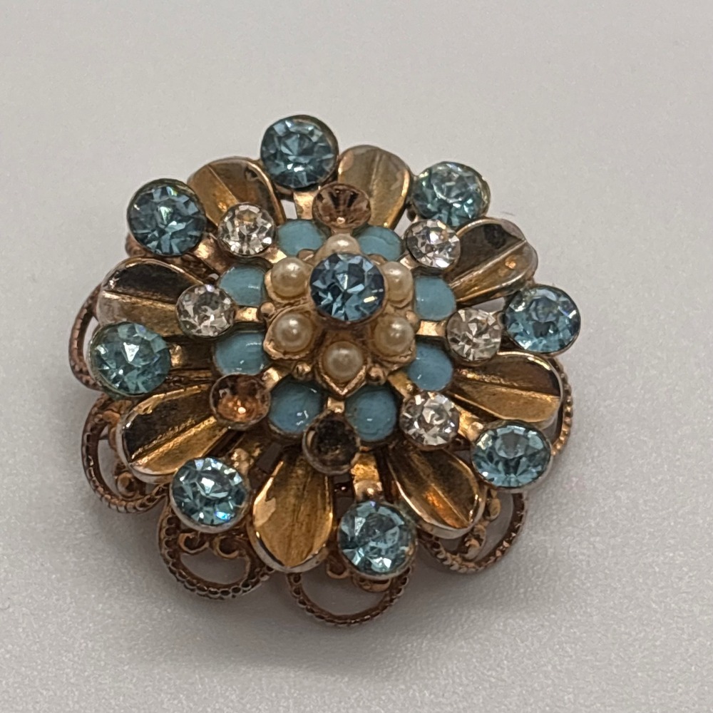 Vintage Gold Tone Blue Rhinestone Floral Brooch Statement Flower Pin